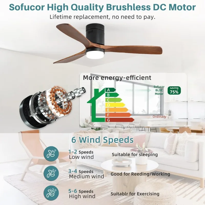 Ceiling Fan with Lights 52 Inch Flush Mount Ceiling Fan with Remote Control, Wood Blades Modern Outdoor Ceiling Fans
