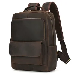 Vintage Leather Backpack for Men, 14-inch Crazy Horse Leather Bag for Students, Dark Brown Laptop Bag