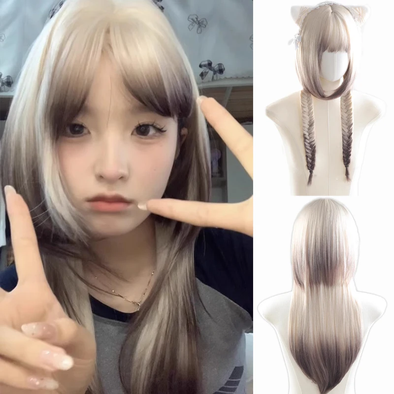 

Synthetic Black Blue Wolf Tail Wig Jellyfish Mullet Head Personalized Long Straight Summer Half-tied Wolf Tail Cos Wig