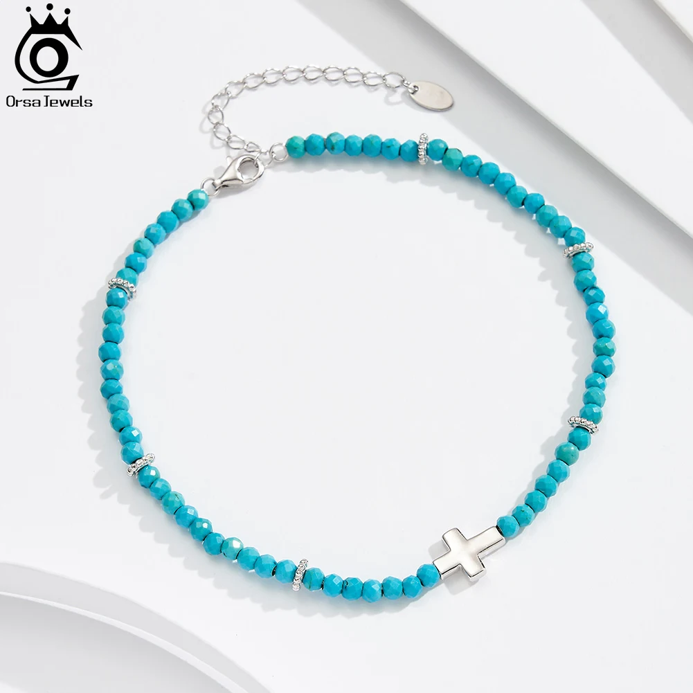 

ORSA JEWELS Bohemia Turquoises Beads Anklets Girls 925 Sterling Silver Vintage Cross Charm Chain Leg Ankle Anklet Beach SA86