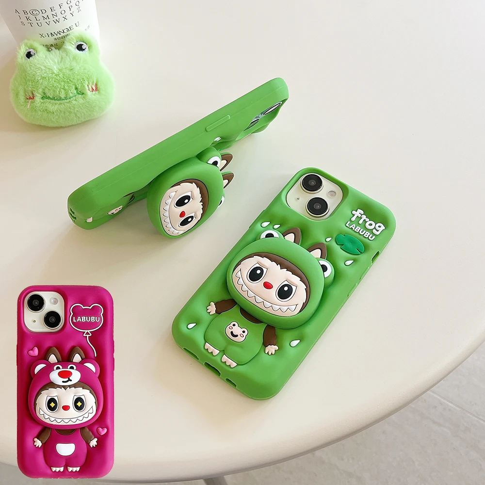 Cute 3D Cartoon Monsters Labubu Soft Silicone Case With Stand Holder Cover For iPhone 16 15 14 Plus 13 12 Pro Max 11