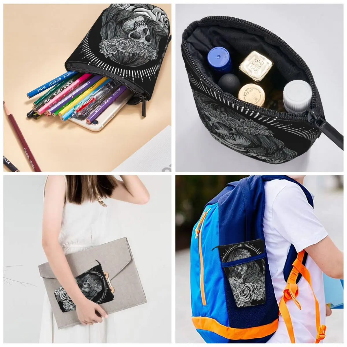 Mulher do crânio do açúcar com gravura Estilo Pen Box Student School Zipper Pen Bag Pencase Vertical Estojo de lápis retrátil