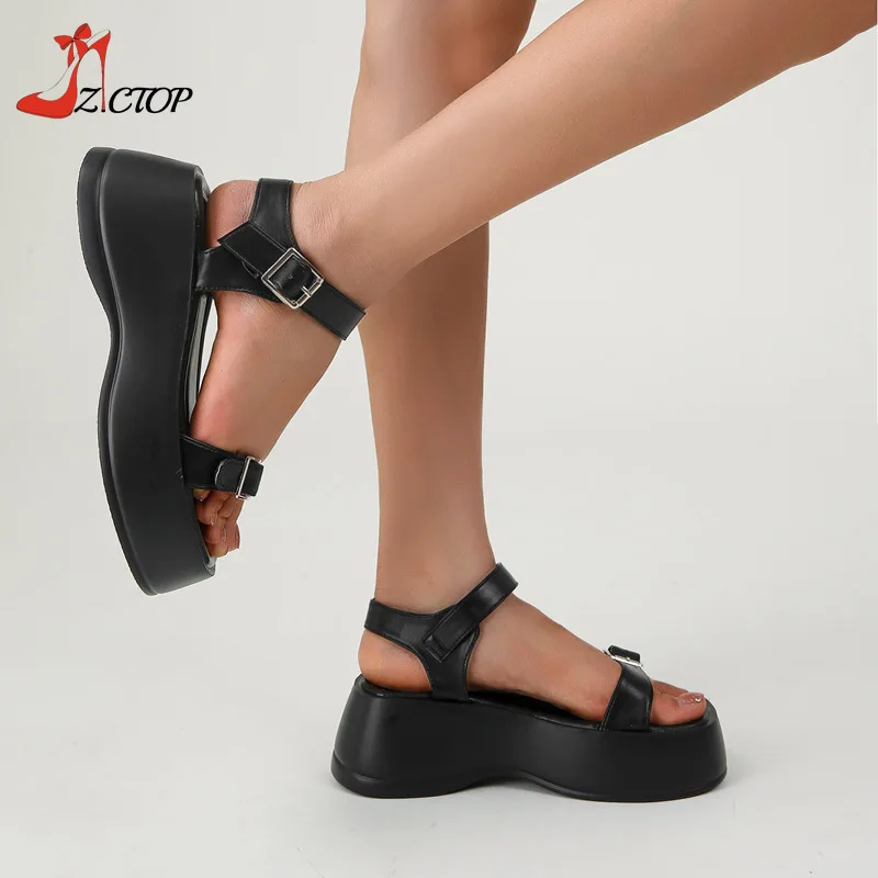 Summer Platform Sandals for Women Wedges Thick Soled Shoes Black Silver Open Toe Buckle Strap Chunky Sandal Comfort Casual Shoes