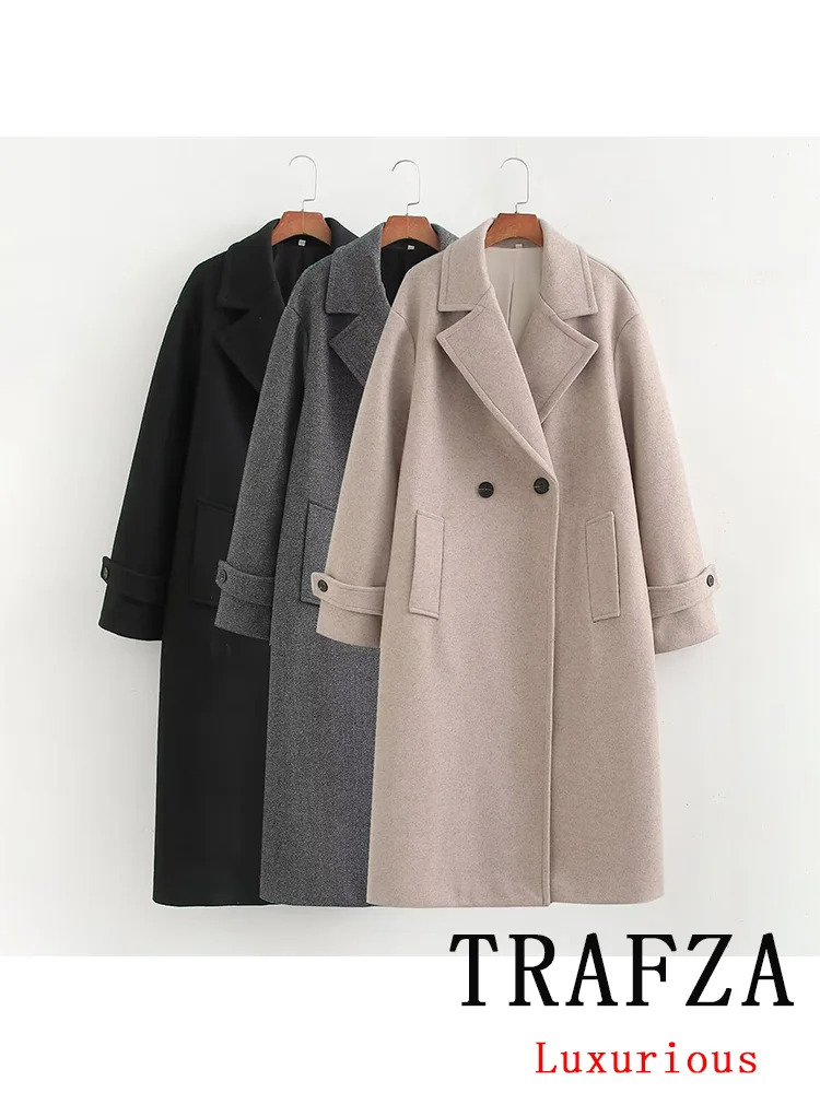 

TRAFZA Vintage Casual Chic Women Overcoat Solid Turn-down Collar Oversized Long Jackets Fashion 2024 Autumn Winter Thick Coats