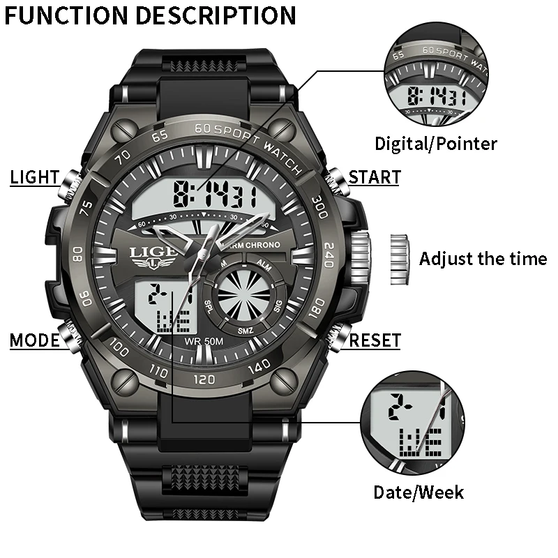 LIGE Fashion Top Brand Sports Dual Display Watch For Men 50M Waterproof Quartz Military Watches Alarm Clock Relogios Masculino