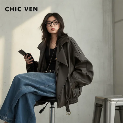 Jacket Leather Woman CHIC VEN Woman PU Jacket Solid Loose New Retro Standing Collar Motorcycle Faux Leather Coat Female Top Spring Autumn 2026