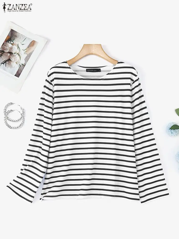 Bluzka w paski ZANZEA damska z okrągłym dekoltem, długi rękaw, luźna, oversize, elegancka koszula do pracy, tunika, jesień 2025