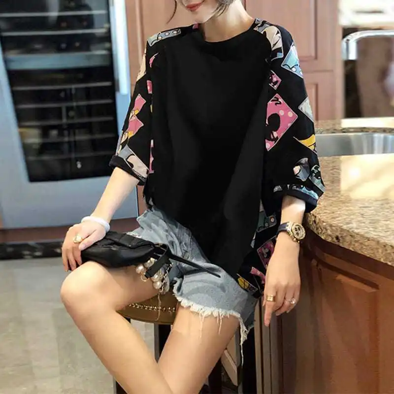 Korean Fashion Printed Patchwork Pullovers Spring Autumn New Casual 3/4 Sleeve Loose Female Clothing Commute Round Neck T-shirt