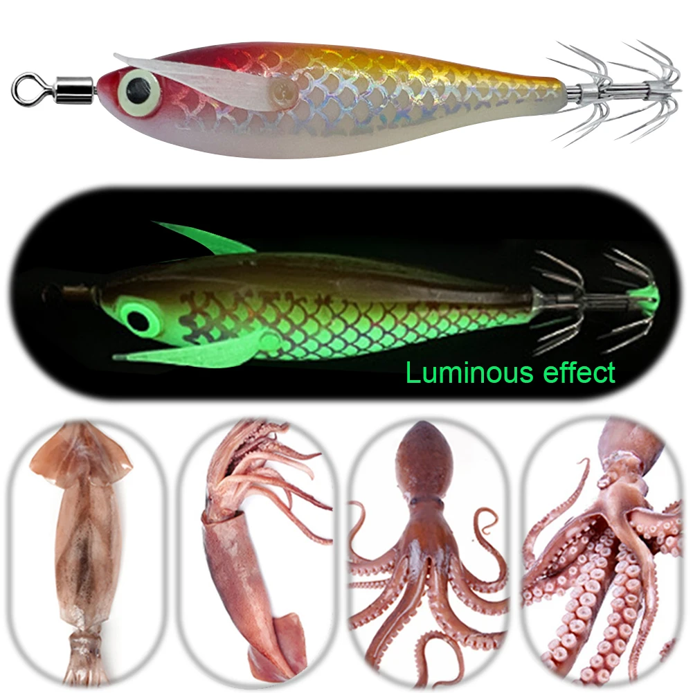 Leuchtender Tintenfischhaken, Sepia-Anlockköder, Doppelhaken, im Dunkeln leuchtender Tintenfischköder, künstlicher Oktopus-Köder für Nachtangeln