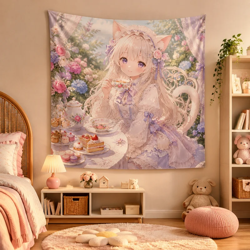 VIKAMA Cute Neko Girl Wall Tapestry Anime Sweet Style Teen Room Dorm Living Room Gaming Room Hanging Cloth Decor