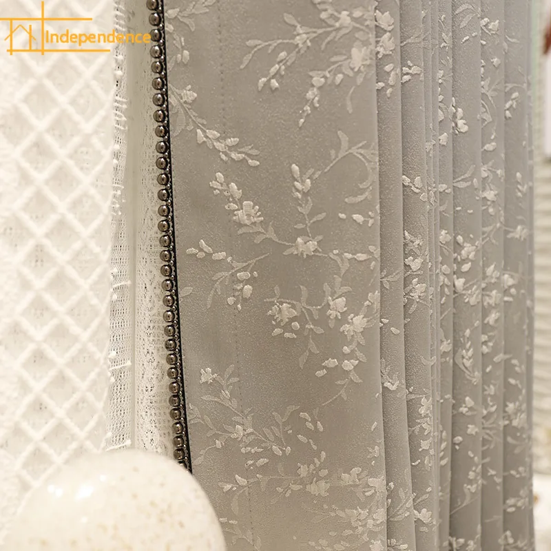 Grey Blue White Jacquard Thickened Cotton Curtains for Living Room Bedroom French Window Villa Custom Lace Window Screen