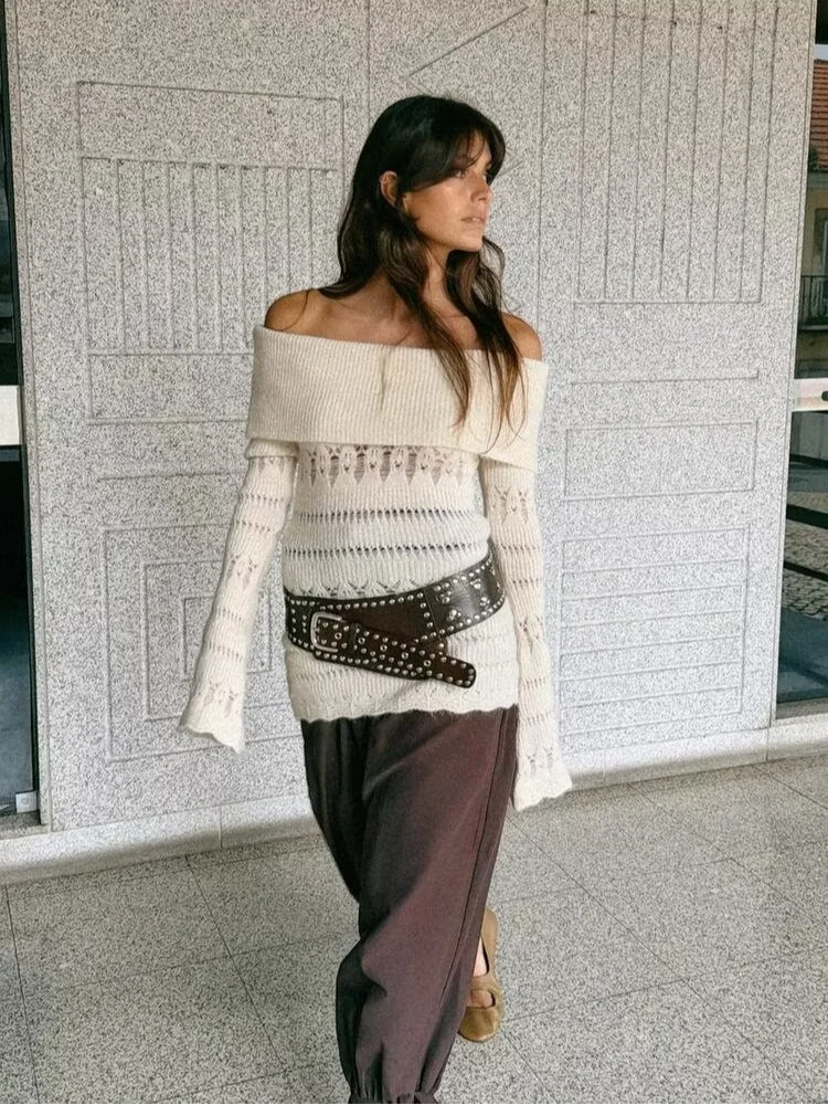 

Solid Color Hollow Out One Neck Knitted Sweater Fashion Women Long Sleeved Lace Up Pullover Sweaters Lady Daily Casual Outwear