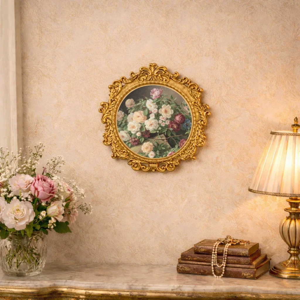 Vintage Frame Round Frame for Picture Embossed Holder Elegantly Table Wall Hanging Decor Small Antique Ornate Gold Frames Gift