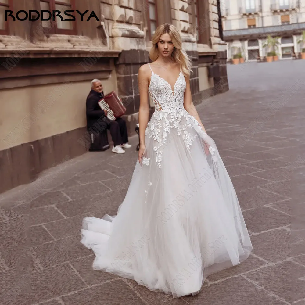 

RODDRSYA Backless Lace Wedding Dresses Spaghetti Straps V-Neck Applique A-Line Bridal Gowns Tulle Sleeveless Boho Robe De Mariée