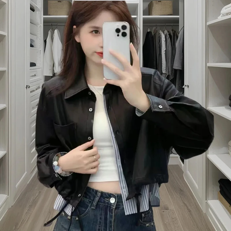 Vintage Patchwork Crop Jacket for Women Autumn Streetwear Splicing Pu Leather Outerwear Y2K Gothic Single Breasted Female Coat