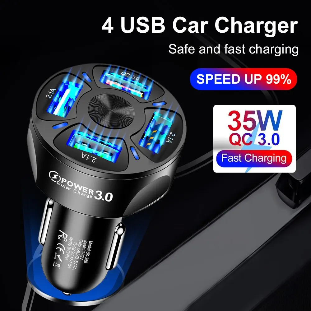 Cargador de coche de carga rápida 3A Qc3.0 4usb, cargador de teléfono móvil montado en vehículo uno para cuatro