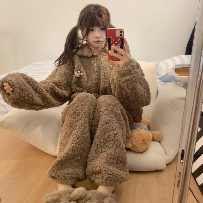 

Kawaii Hooded Girl Pajamas Spring Autumn Cartoon Coral Fleece Homewear New Fleece-Lined Sleepwear Thicken Woman Cute Pajama Set