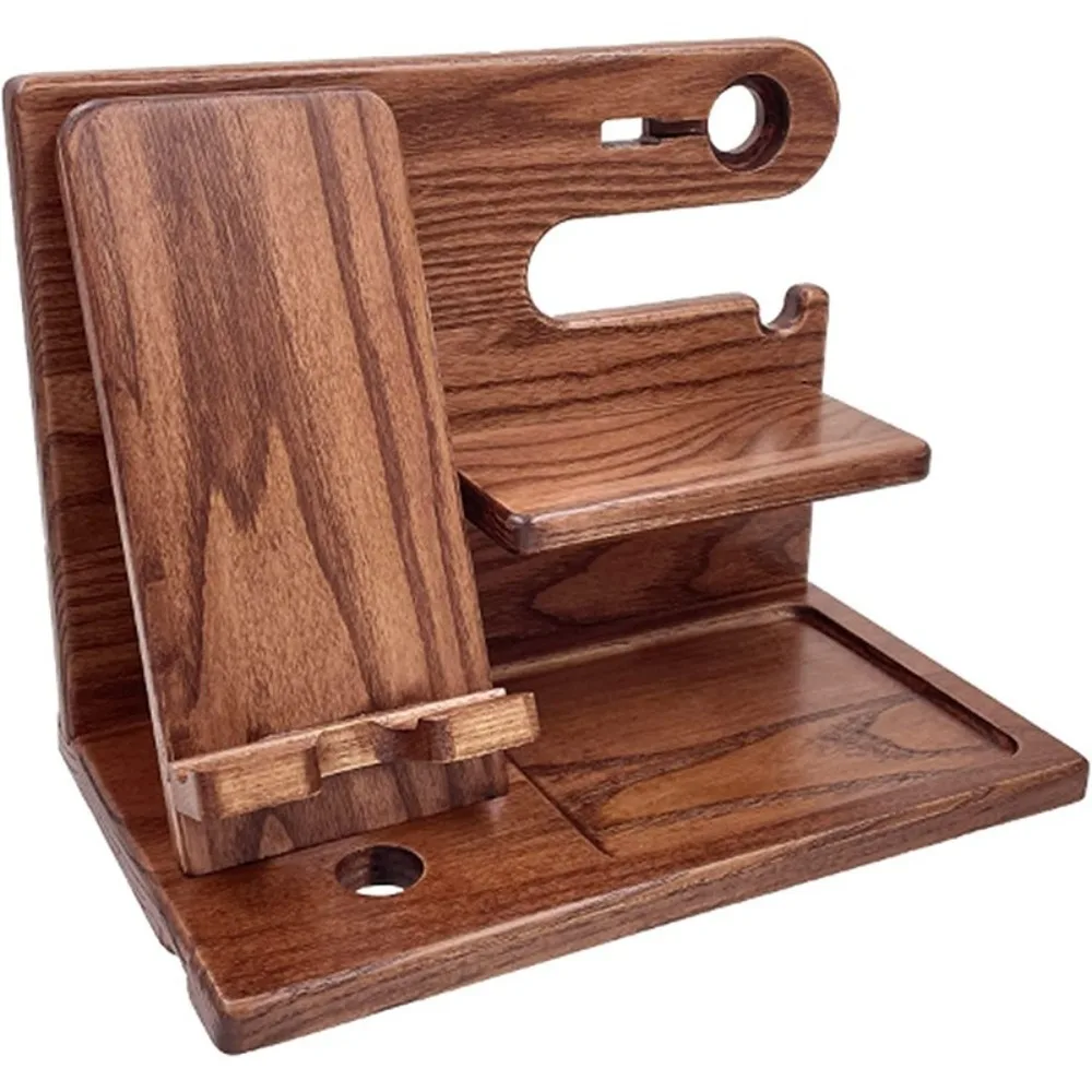 

Multifunction Solid Wood Charging Phone Holder Space Saving Stable Groove Design Watch Organizer Detachable Desk Organiser Gift