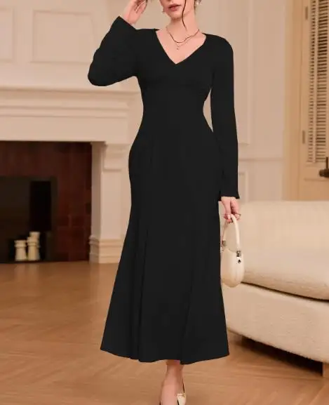 レディースドレス 2026 シルクサテン フランス風ラグジュアリー 気品漂う Vネック ウエストシェイプ ロングスリーブ フィッシュテールドレス 宴会に最適