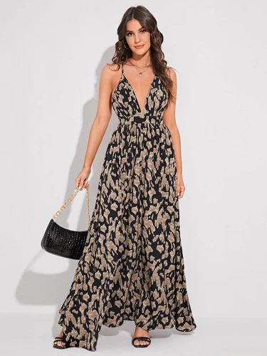 Imagen 1 del producto Vestido sin espalda con estampado floral para mujer, diseño sexy con cuello en V, perfecto para uso diario informal y vacaciones, moda de verano elegante