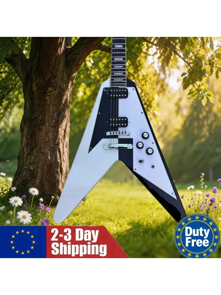 Duits magazijn Zwart-witte V-vormige gitaar Eenvoudig en mooi ontwerp Geschikt voor rockstijl - afbeelding 2