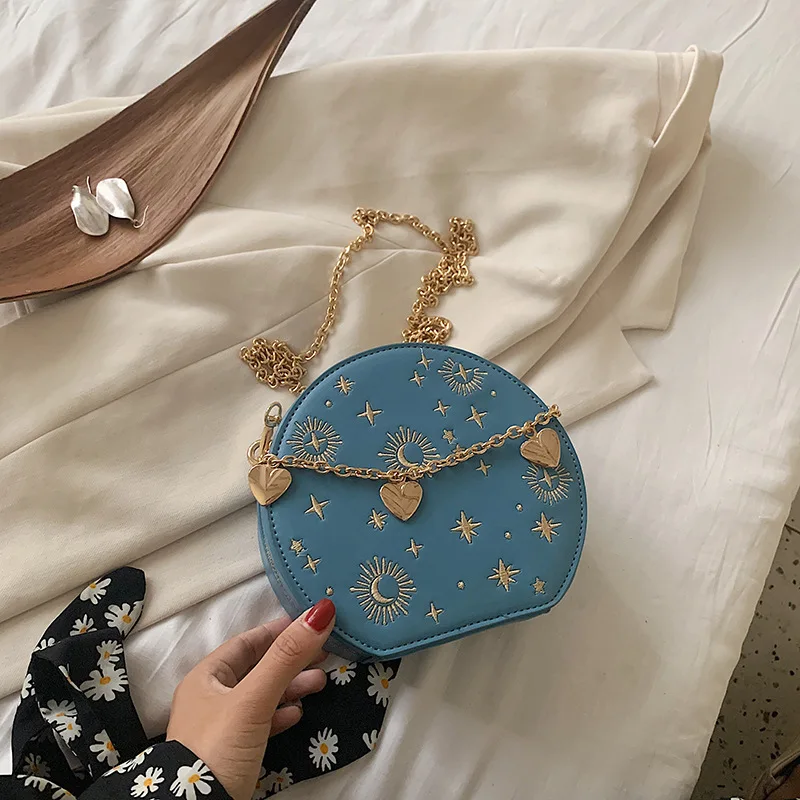 Bolso cruzado redondo de cielo estrellado para mujer, bolso de hombro Circular con cadena de lujo, Bolso pequeño bordado