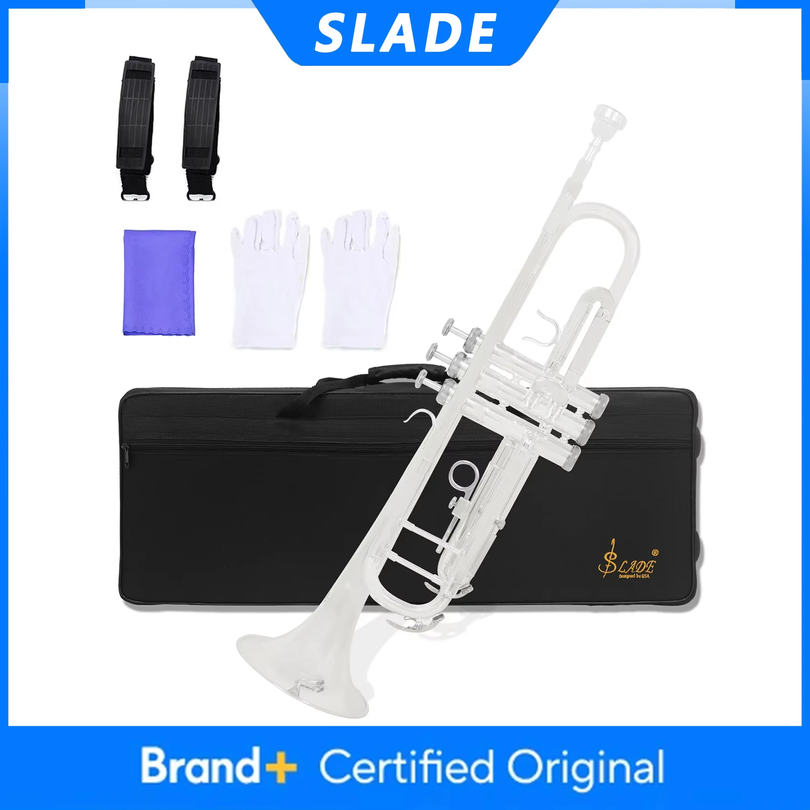 

Труба SLADE Bb (Си-бемоль) из латуни, посеребренная, с чехлом, перчатками, салфеткой для чистки и аксессуарами
