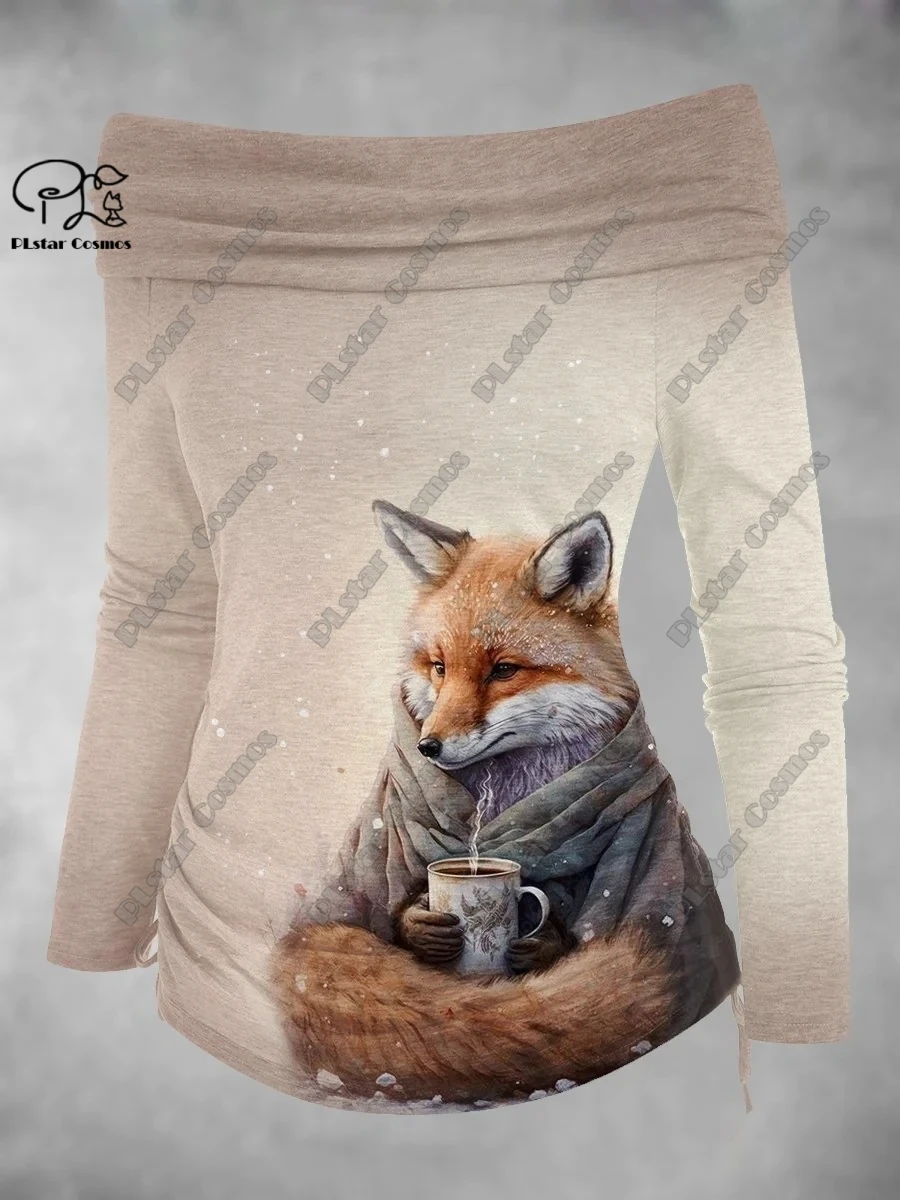 PLstar Cosmos 3D impreso serie animal lindo patrón arte estampado fuera del hombro plisado camiseta ajustada mujer casual top D-2