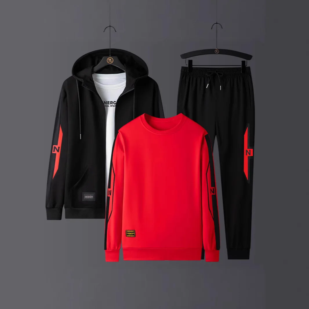 Big Size Men's Sports Suit Three Piece Hoodie Long Pants Long Sleeves Autumn and Winter Loose Fashion Casual Sportswear 2025