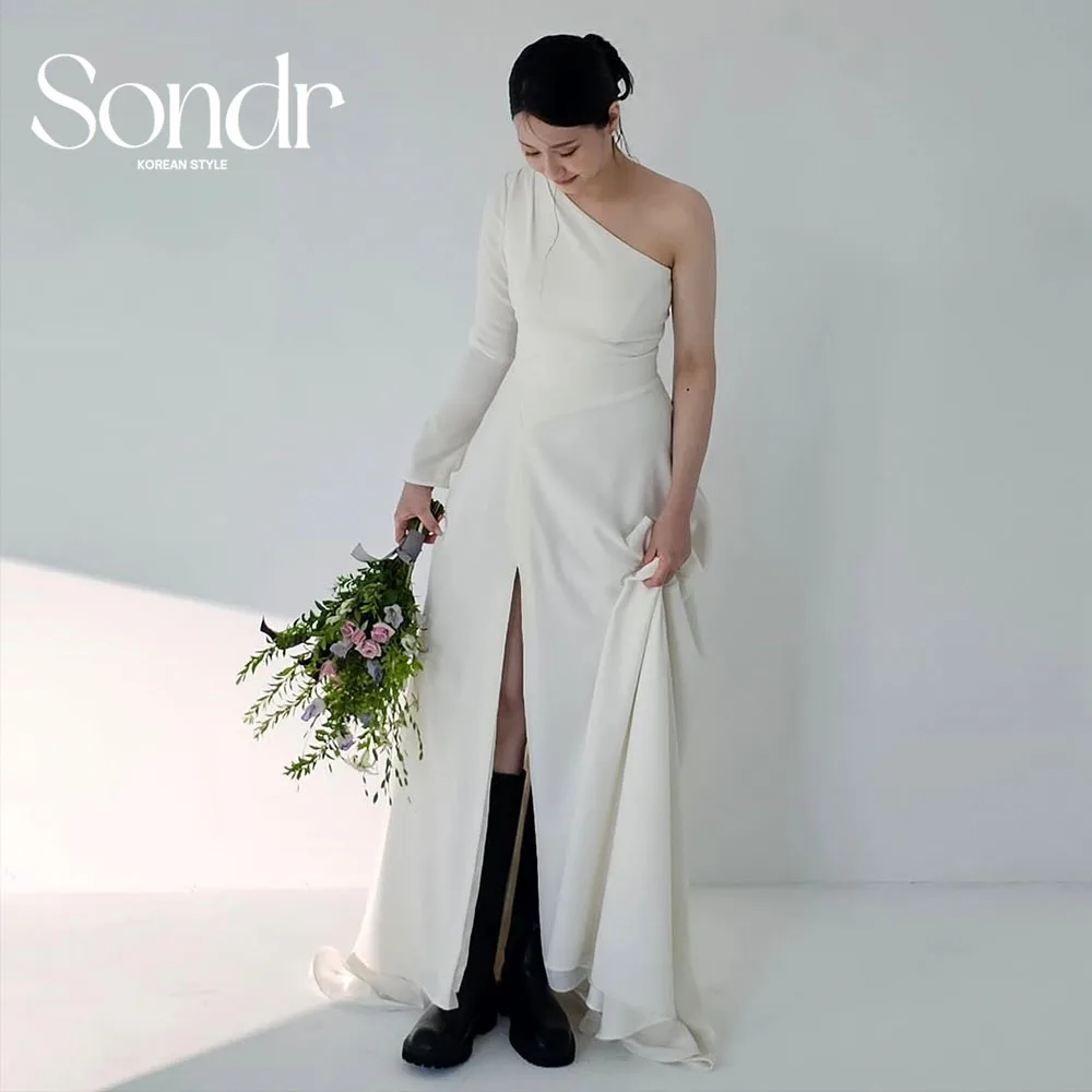Sondr Customized One Shoulder Long Sleeves Korean Wedding Dresses with Slit A Line Simple Bridal Photo Shoot Party Prom Gown