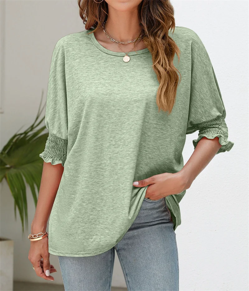 Women's casual loose T-shirt trend street 2023 summer new fashion loose round neck pleated cuffs half sleeve top