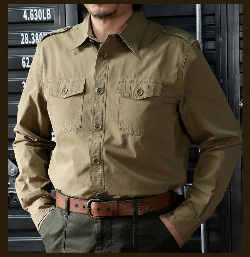 Amekaji Military Style Pure Color Washed Overalls Long Sleeve Shirt Men's Amekaji Retro Casual New Product