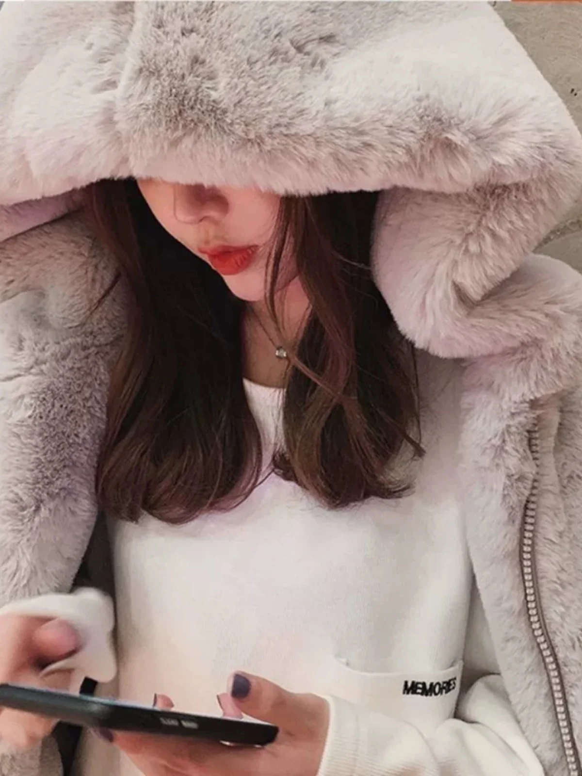 Korean Sle Loose Thiened Plu Coat Autumn Winter Women's Hooded Jaet Artificial  Fur Medium Length Fur Coat