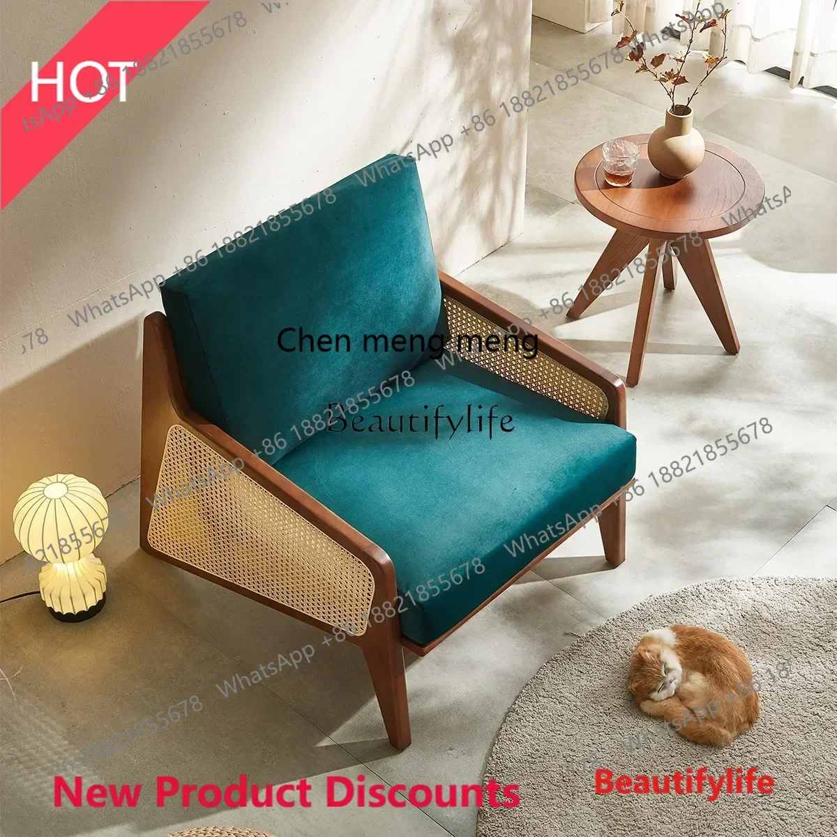 

New style Rattan chair Japanese ash wood solid wood log wabi-sabi wind rope braided balcony sofa chair Nordic ss 8617