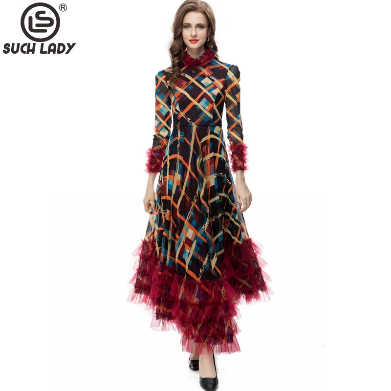 

Women's Runway Dresses Stand Collar Long Sleeves Printed Patchwork Plaid Elegant Fashion Party Vestidos