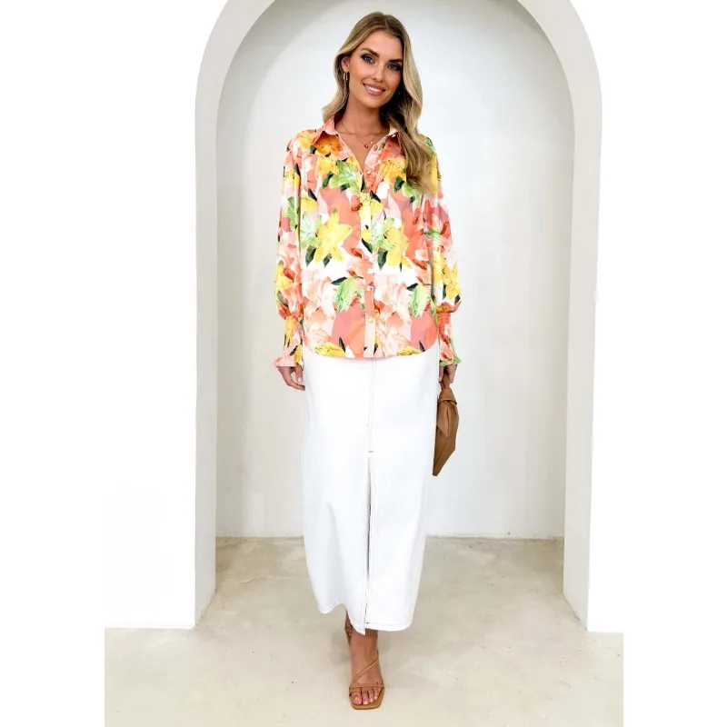 

Women's Cardigan Printed Long-Sleeved Shirt Spring Autumn Shirt Tops Women Lantern Sleeve Single-Breasted Turn-down Collar Shirt