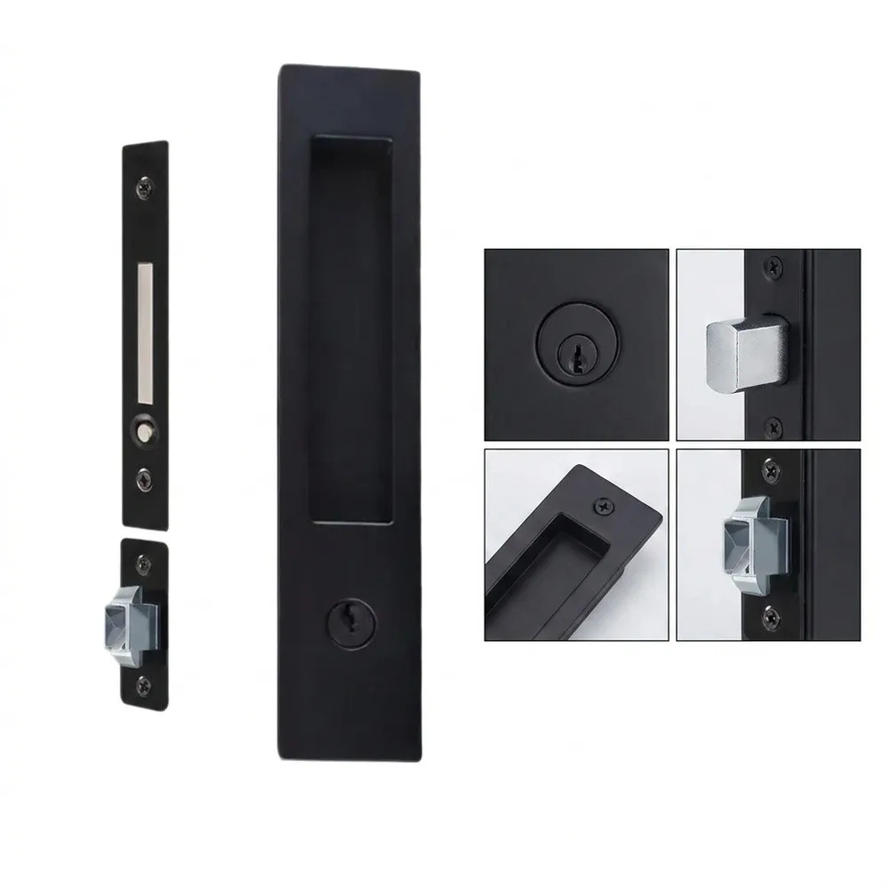 Flush Sliding Pocket Door Hardware Set Matte Black Finish With Edge Pull Hook Latch For Home Interior Household Door Supplies