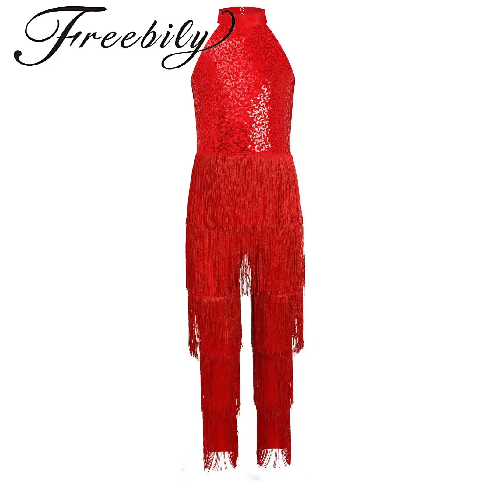 

Kids Girls Tassel Sequins Latin Jumpsuit Halter Sleeveless Backless Bodysuit for Cha-cha Latin Dance Performance