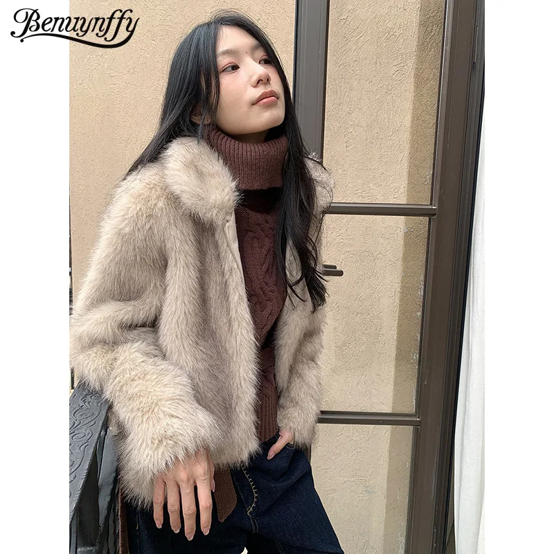 

Benuynffy 2025 Autumn Winter Stand Collar Faux Fur Coat Women's High Street Thicken Warm Short Zipper Jacket Female Outerwears