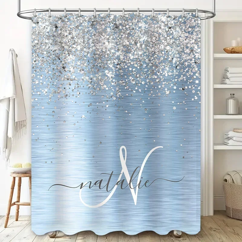

Shimmering Spa: Personalized Customizable Crystal Shower Curtain for Bathroom Decorations Light Blue Sparkle Pattern with Name P