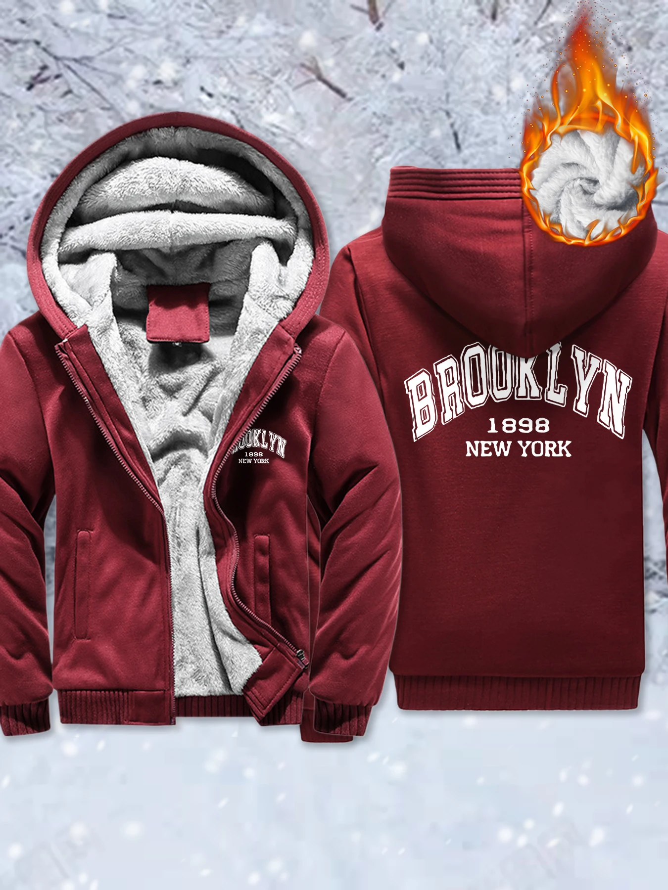 

Brooklyn New York 1828, зимняя мужская флисовая модная куртка с принтом, базовое повседневное пальто, утепленная теплая толстовка с капюшоном, удобная одежда на молнии