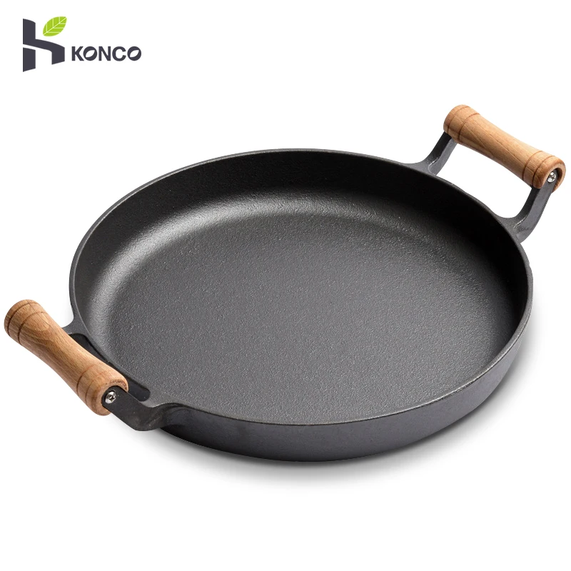 

30cm Nonstick Frying Pan Skillet,Double Ear Wooden Handle Omelette Pan Cast Iron Chef's Pan Pancake Pan with Glass Pan Cover