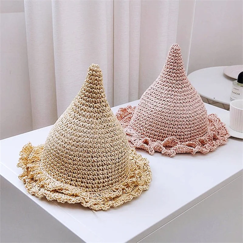 2022 Fashion Cute Children Girl Princess Sunhats Point Top Outdoor Beach Holiday Summer Plaited Straw Magic Hat Cap for Kids
