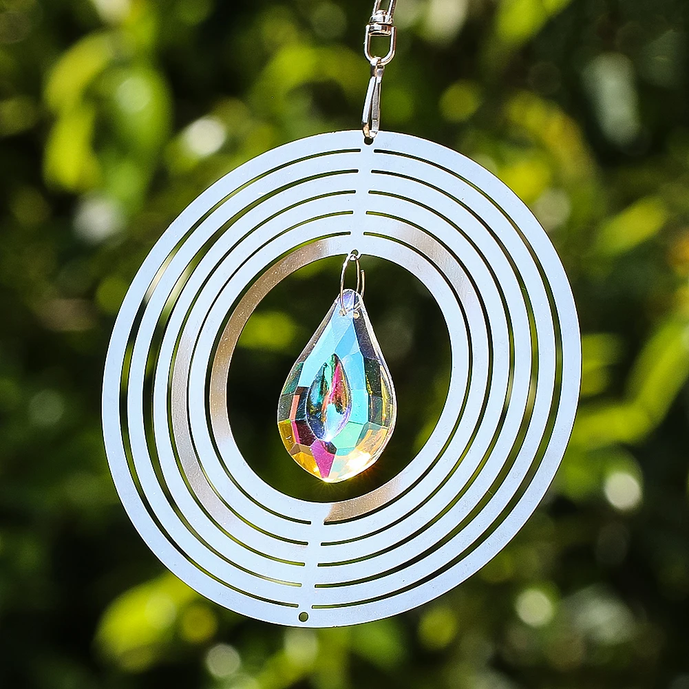 Stainless Steel Wind Spinner 3D Whirligigs Hanging Crystal Suncatcher Prism Pendant with Swivel Hook Garden Decor Bird Deterrent