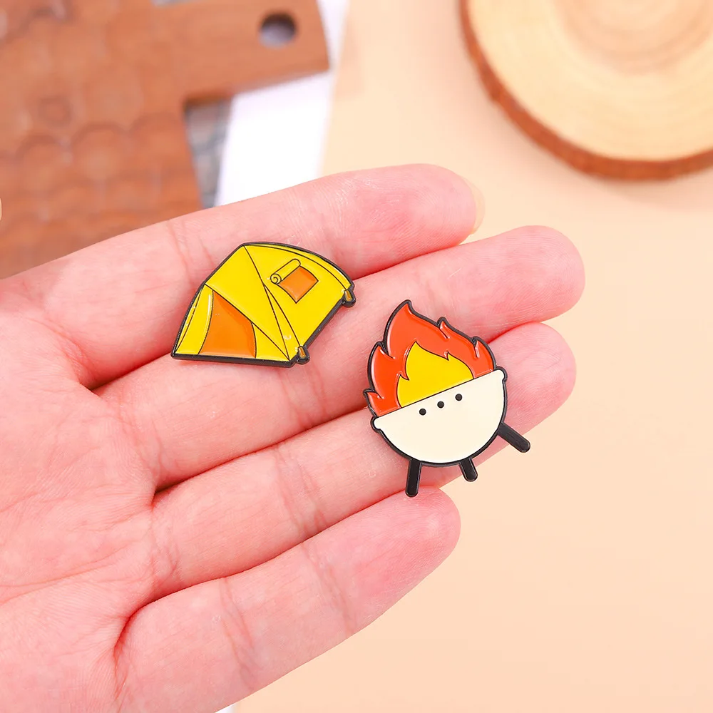 Wholesale Price Camping Enamel Pins Custom Tent Trekking Poles Bonfire Brooches Lapel Badges Adventure Jewelry Gifts for Friends