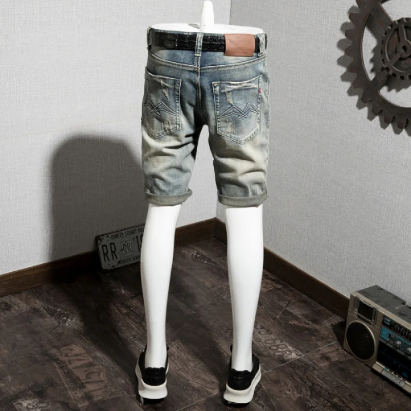 2024New Retro Biker's Denim Shorts Men's Nostalgic Hole & Patch Slim Fit Straight Trend Personality Summer Pirate Shorts