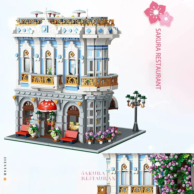 Décennie s de construction de restaurant Sakura pour enfants, série Street View, tiges créatives, modèle de café de la ville, jouets en briques, cadeau de Noël, MOC