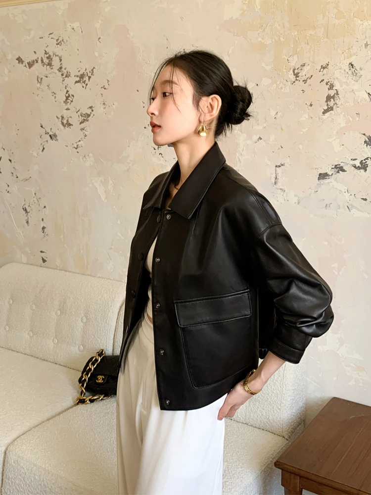 

Casual Short Genuine Leather Jackets for Women Spring Autumn 2026 New High-end Simple Solid Soft Real Sheepskin Coat