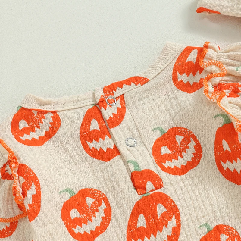 Pelele de Helloween para niña pequeña, mono informal de cuello redondo con volantes, manga larga, mono con estampado de calabaza, diadema de lazo de lino y algodón