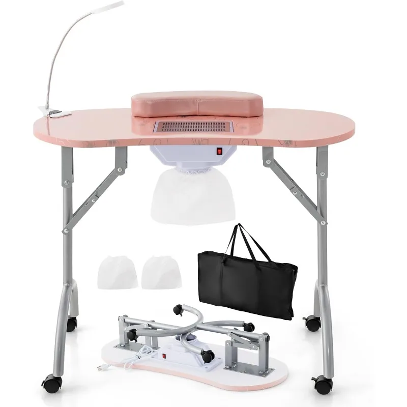 35-inch Nail Desk for Nail Tech, Foldable Manicure Table with Electric Dust Collector, Bendable LED Table Lamp, Carry Bag